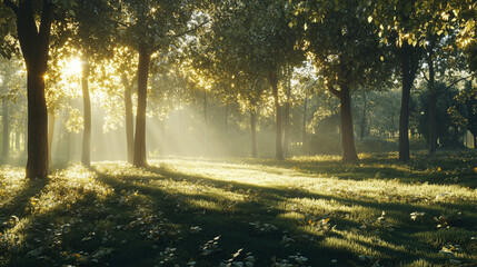 Beautiful sunlight rays streaming through trees in a magical green forest