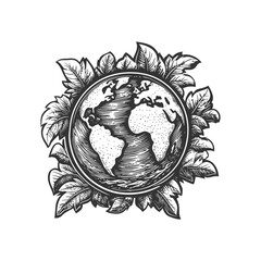 Obraz premium Earth Surrounded by Leaves in Vintage Sketch Style Art