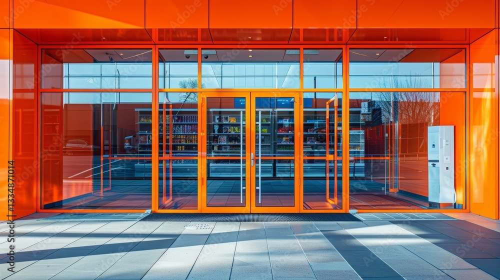 Poster modern architecture facade of storefront with large glass windows and orange trim, creating a bright