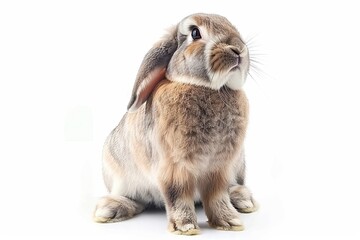 A funny gray rabbit with long ears, resembling a baby bunny, is posed on a white backdrop for Easter celebrations