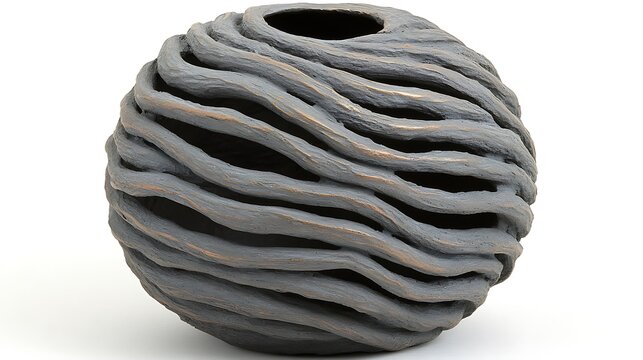 Gray spherical decorative bowl with carved wave pattern. - Powered by Adobe