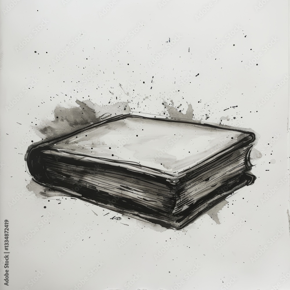 Poster monochromatic ink illustration of a closed book with rough textured edges and splatters on a plain w