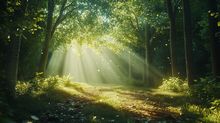 Fototapeta premium Beautiful sunlight rays streaming through trees in a magical green forest