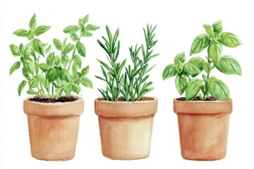Fototapeta premium Vibrant watercolor herb plants in terracotta pots botanical illustration indoor garden serene atmosphere, isolated on white background