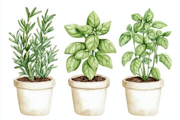 Watercolor botanical art herb plants in pots indoor garden natural light creative design, isolated on white background