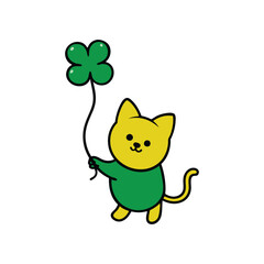 A cute cat playing with a St. Patrick?s Day balloon shaped like a clover vector art illustration.eps