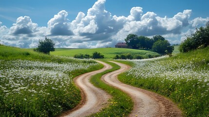 Obraz premium Winding Country Road, Flowers, Farmhouse, Sunny Day, Scenic View