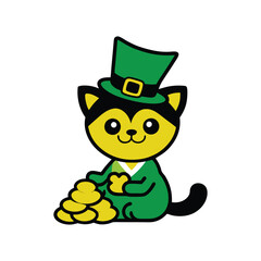 A cute cat wearing a leprechaun hat and playing with gold coins vector art illustration.eps