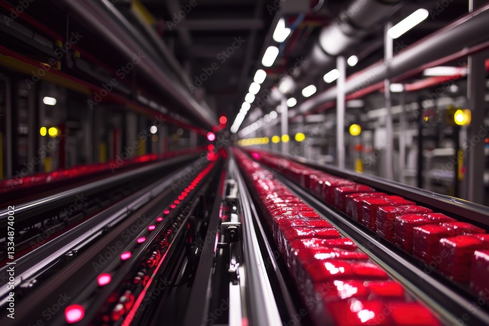 Poster endless flow of red cubes on a futuristic conveyor, industrial automation with a mesmerizing rhythmi