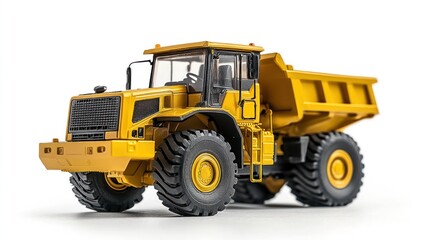 Yellow dump truck model, studio shot, white background, construction equipment