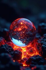 Crystal ball submerged in a pool of molten lava, submerged crystal ball, scorching heat