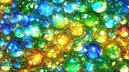 Colorful orbs gather, creating an abstract, vibrant, multi-colored bubbly background with shimmering and refractive qualities