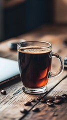 Fototapeta premium Dark Roast Coffee in Glass Mug on Rustic Wood