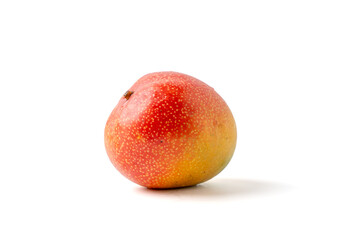A red and yellow fruit with a stem. It is a mango. It is sitting on a white background