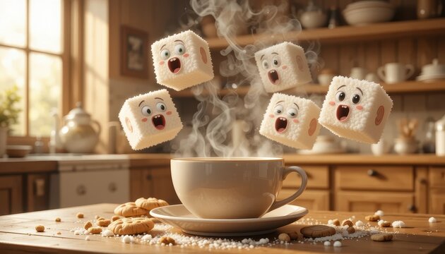 Cup of tea with sugar cubes with scared faces