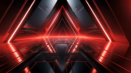 Dark, futuristic, triangular tunnel with vibrant red neon lights. Reflective surfaces create an immersive, dynamic space - Powered by Adobe