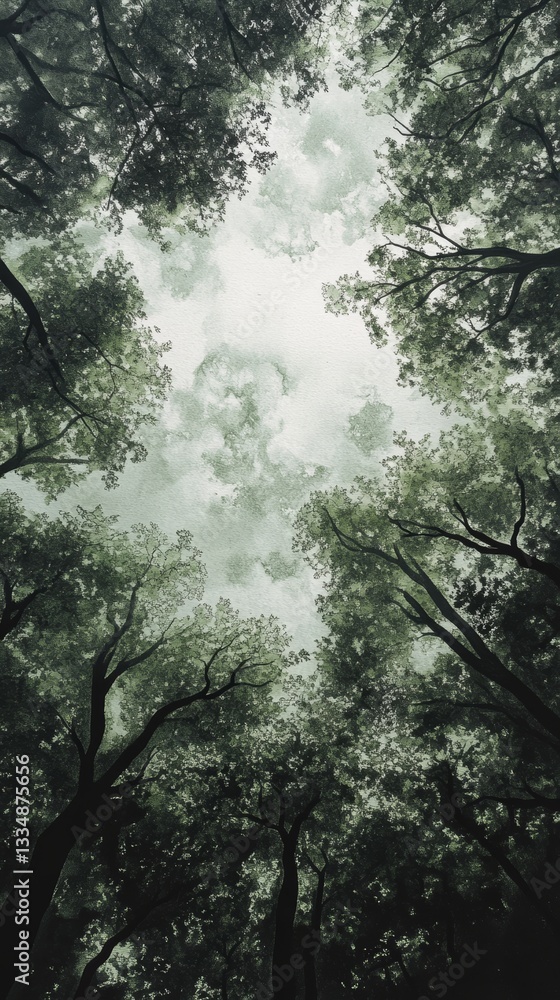 Poster mystical forest canopy view with soft light filtering through dense green foliage, creating a tranqu