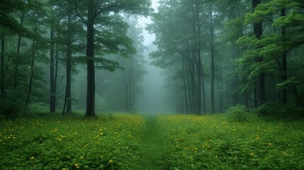 Obraz premium Mystical foggy forest path with vibrant yellow wildflowers creating a whimsical nature scene in the woods