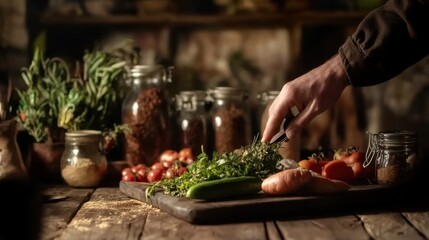Chopping Fresh Vegetables in a Rustic Kitchen