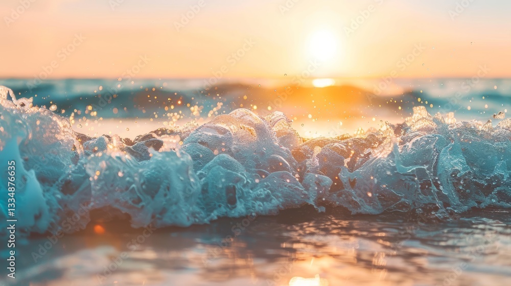 Poster ocean wave cresting and splashing during a vibrant golden sunset creating an idyllic and tranquil co