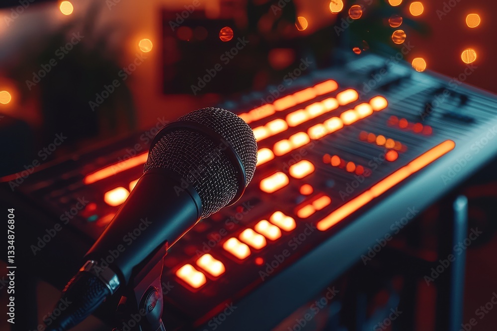Poster professional microphone standing near a sound mixing console with illuminated buttons, in a dim room