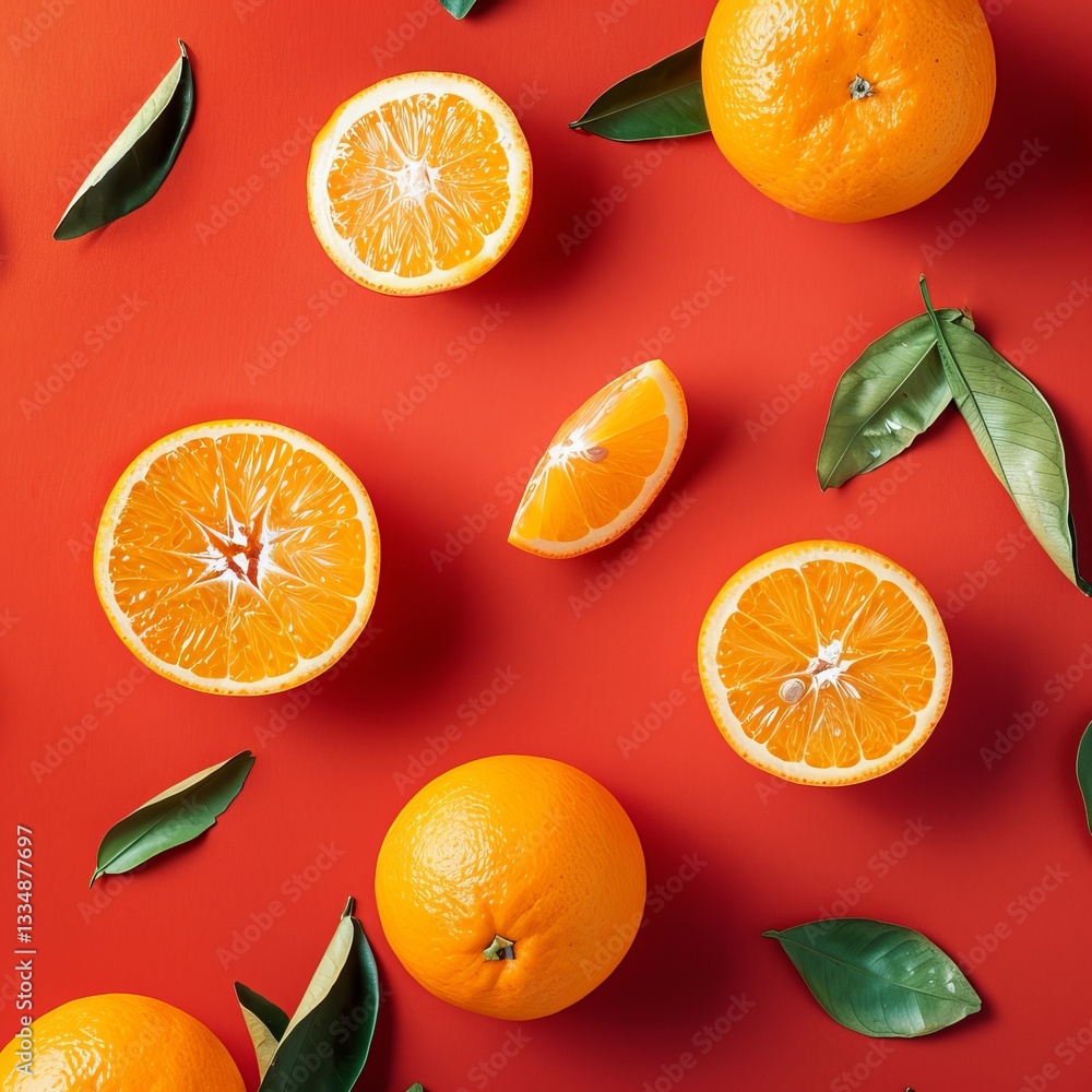 Poster overhead arrangement of vibrant whole and sliced oranges with fresh green leaves creating a natural 