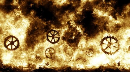 Gears in fiery inferno.