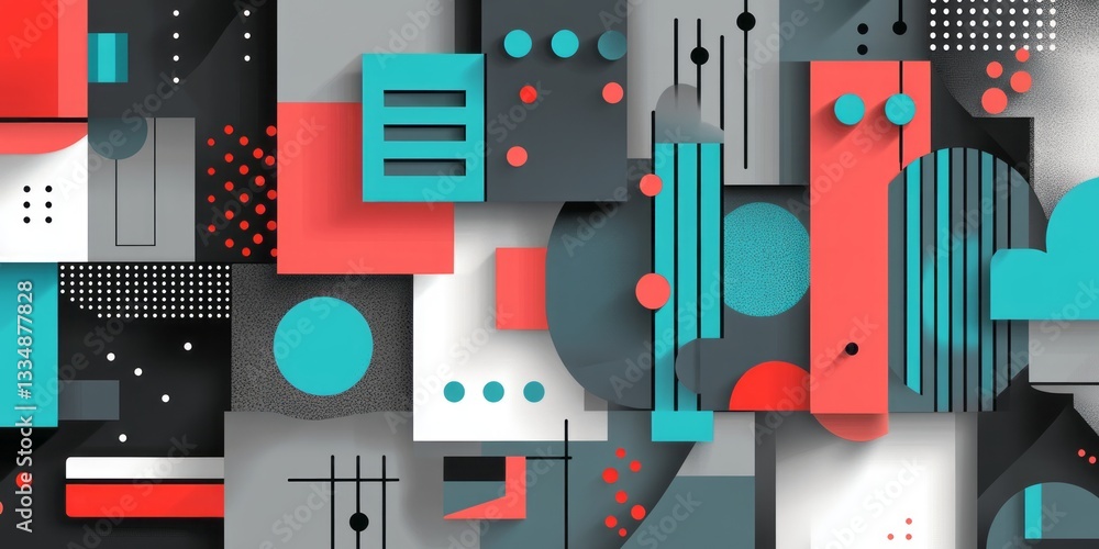 Poster abstract arrangement of geometric shapes in multiple colors creates interesting composition