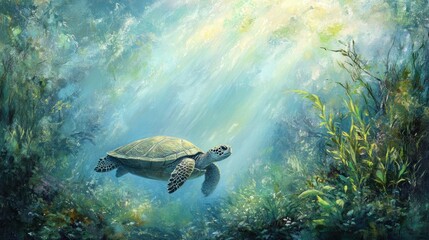 Fototapeta premium Gentle sea turtle swims through vibrant underwater scenery. Sunlight beams through the coral reef.