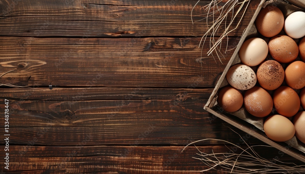 Poster overhead close up of a wooden crate filled with different colored chicken eggs placed on a rustic wo