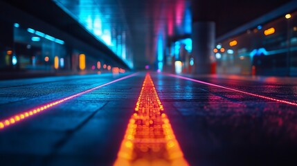 Vibrant neon lights illuminate a modern urban pathway at night in a bustling city