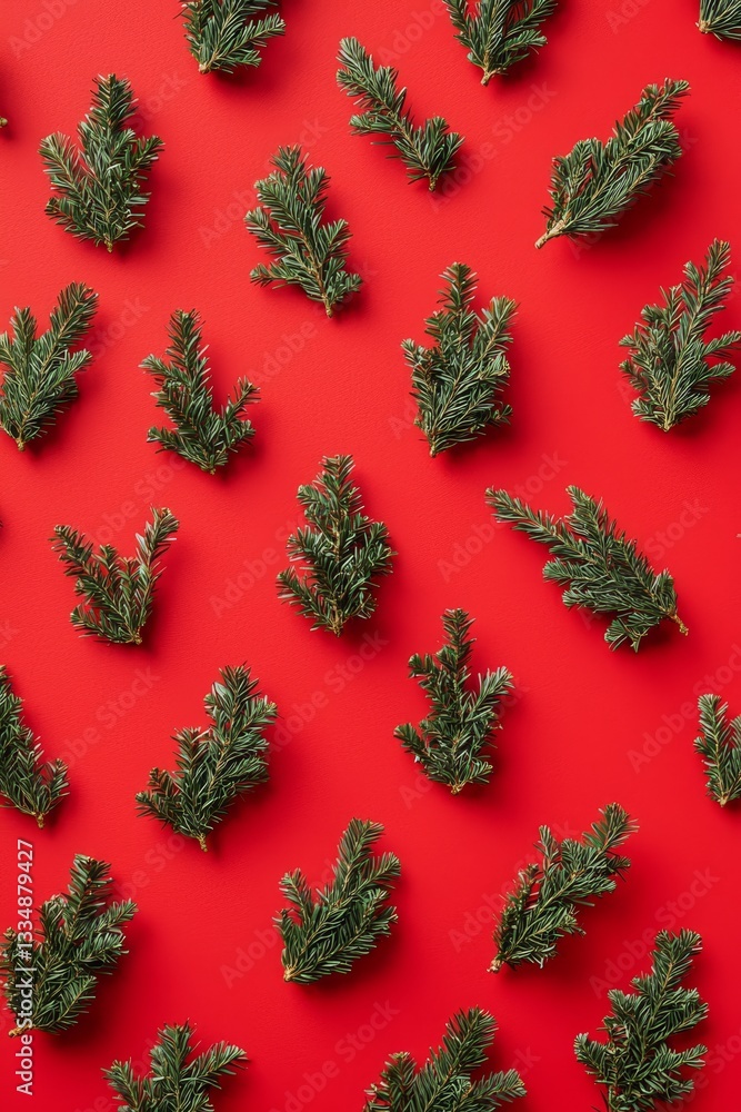 Poster overhead flat lay arrangement of fresh green fir tree branches with needles, creating a repeating pa