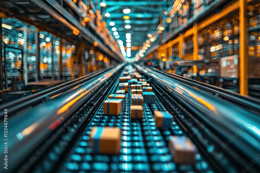 Poster automated conveyor system in a distribution warehouse efficiently moving packages along a bright and