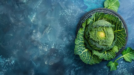 Obraz premium Overhead shot of a fresh savoy cabbage on a dark speckled platter, set against a textured, blue backdrop with ample copy space.