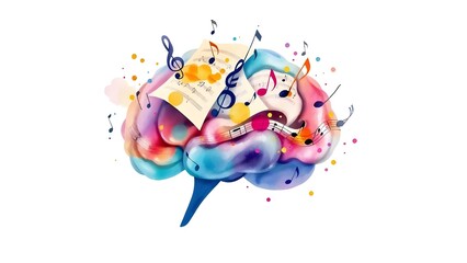 Mind of a creative musical genius, beautiful watercolour illustration of a brain exploding with music