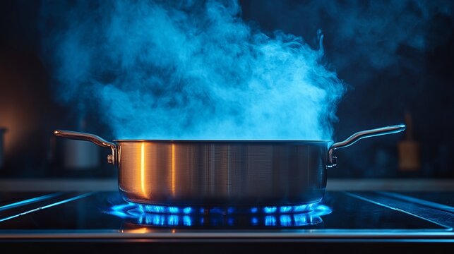 Steam rises from a metal pot on a modern stove in a dimly lit kitchen at night