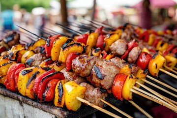 A vibrant display of freshly grilled meat and bell pepper skewers, featuring tender meat chunks alternating with colorful, slightly charred bell peppers, perfect for a summer barbecue.