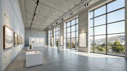 Obraz premium Modern Concrete Gallery Space with Blank Canvas and Large Windows