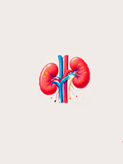 Colorful anatomical illustration of vibrant red kidneys with blue and red blood vessels, ureters, and decorative multicolored dots against a clean white background.