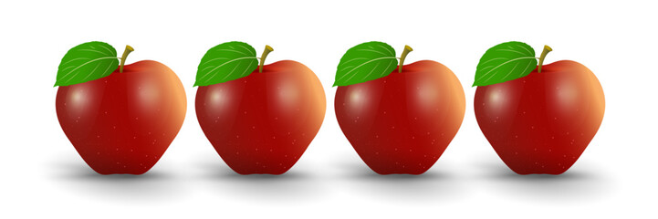 Set of four shiny red apples with a smooth surface and a single green leaf attached to its. Group of juicy falling red apples, realistic 3d vector illustration