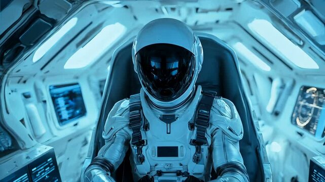 Futuristic Astronaut Sitting in a High-tech Cockpit of a Spacecraft Designed for Cosmic Exploration Missions