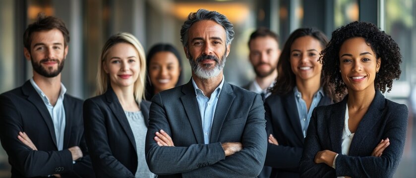 A group of smiling businessmen in business suits standing in an office, ideal for corporate presentations, business projects and advertisements related to teamwork and professionalism.