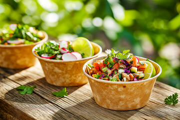 Three street food tacos in paper bowls with eco-decor accents