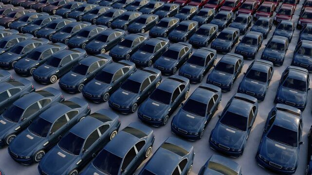 Aerial view of new cars stock at a large factory parking lot. Automotive industry, logistics operations, and vehicle storage for import and export. Key role in the global car market supply chain. 3d 