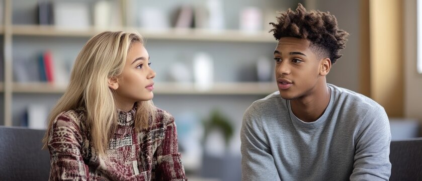 Teenagers sitting on a couch in a modern setting discussing something important, suitable for blogs about teenage life or educational content.