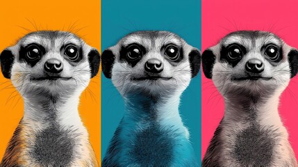 Colorful Artistic Illustration of a Meerkat with Vibrant Backgrounds in Orange, Teal, and Pink