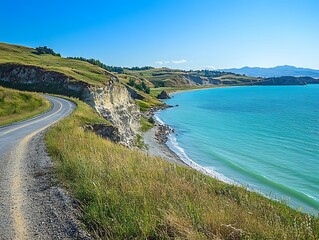Winding road coastal view, sunny day