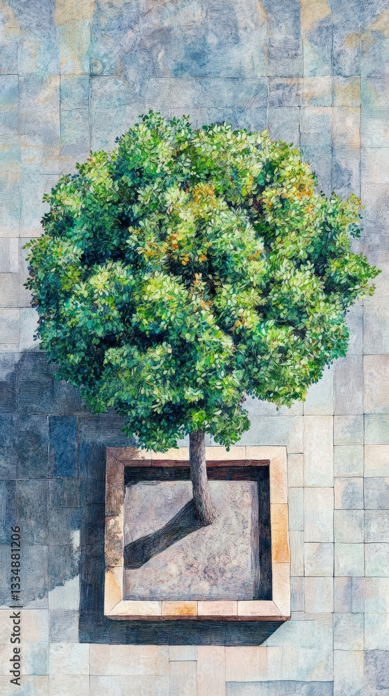 Poster overhead view of a vibrant green tree with dense foliage planted in a square stone planter on a text