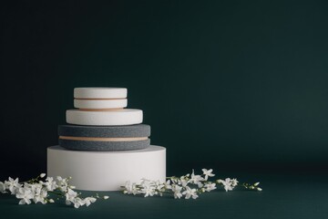 Elegant tiered display with subtle accents. A stack of white and gray circles with a touch of peach, elevated on a dark backdrop, accented by white flowers. Sophisticated and minimalist aesthetic