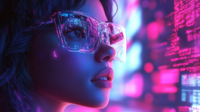 Girl wearing futuristic glasses with code reflection. Perfect for technology blogs, articles about the future and digital innovation.